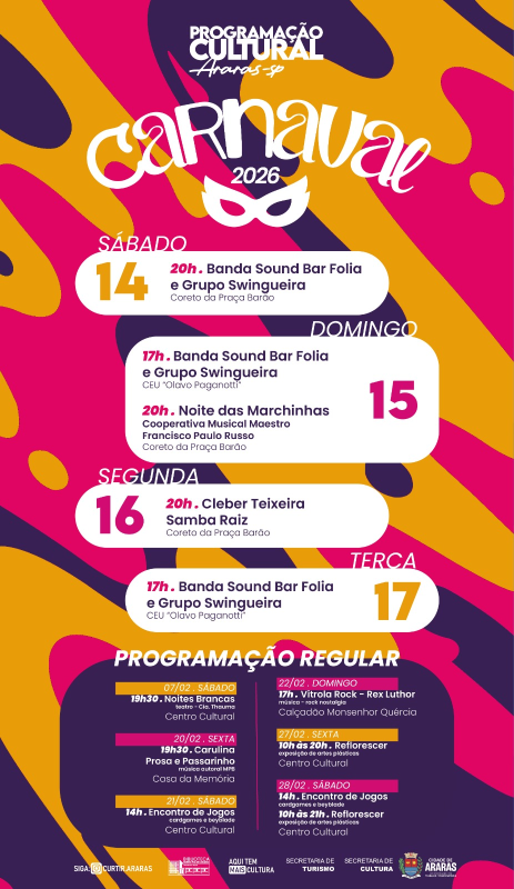 Programação de Carnaval em Araras acontece na Praça Barão e no CEU